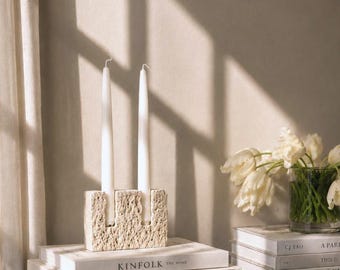 Mare Natural Edge Travertine Taper Candle Holder | Sculptural Stone | Modern Organic Decor