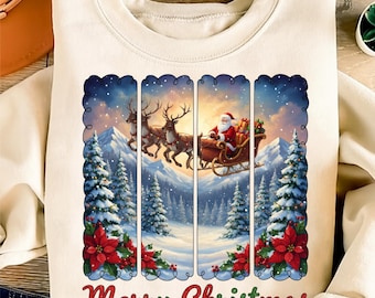 Feliz Navidad: Trineo de Papá Noel PNG / Clipart de Papá Noel con renos / Diseño de sublimación navideña / Camiseta festiva PNG / Arte de panel festivo PNG