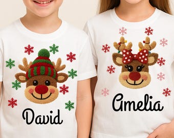 Cute Christmas Reindeer PNG Bundle, Boy & Girl Fluffy Yarn Reindeer png, Personalized Kids Christmas Png, Bow Ball Cap Kids Christmas Design