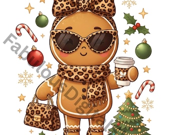 Leopard Gingerbread PNG, Fashion Christmas PNG, Cute Gingerbread Girl png, Chic Holiday Coffee PNG, Christmas Sublimation Design