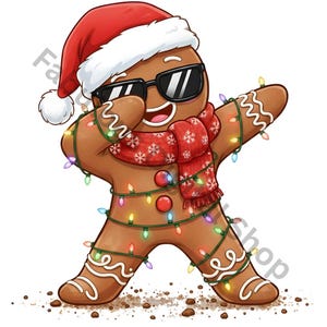 May include: A gingerbread man wearing a Santa hat, sunglasses, and a red scarf with white snowflakes. The gingerbread man is decorated with colorful Christmas lights and is in a dabbing pose.