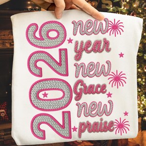 2026 New Year PNG | Knitted Yarn Embroidery Style | Pink Silver New Year Quote | Cozy Winter Sublimation Design | Digital Download image 2