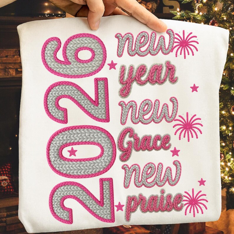 2026 New Year PNG | Knitted Yarn Embroidery Style | Pink Silver New Year Quote | Cozy Winter Sublimation Design | Digital Download image 2