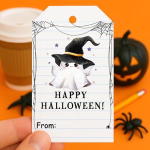 Happy Halloween Gift Tag PNG, Trick or Treat Favor Bag Tag, Fall Gift Tags, Halloween Treat Tags, Cute Ghost Cat Pumpkin
