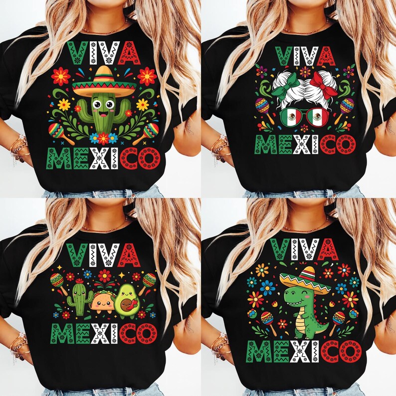 Op de afbeelding: Vier zwarte t-shirts met de woorden "VIVA MEXICO" in groen, rood en wit. Elk shirt heeft een andere afbeelding: een cactus met een sombrero, een vrouw met een Mexicaanse vlag in haar haar, een cactus, taco en avocado, en een dinosaurus met een sombrero.