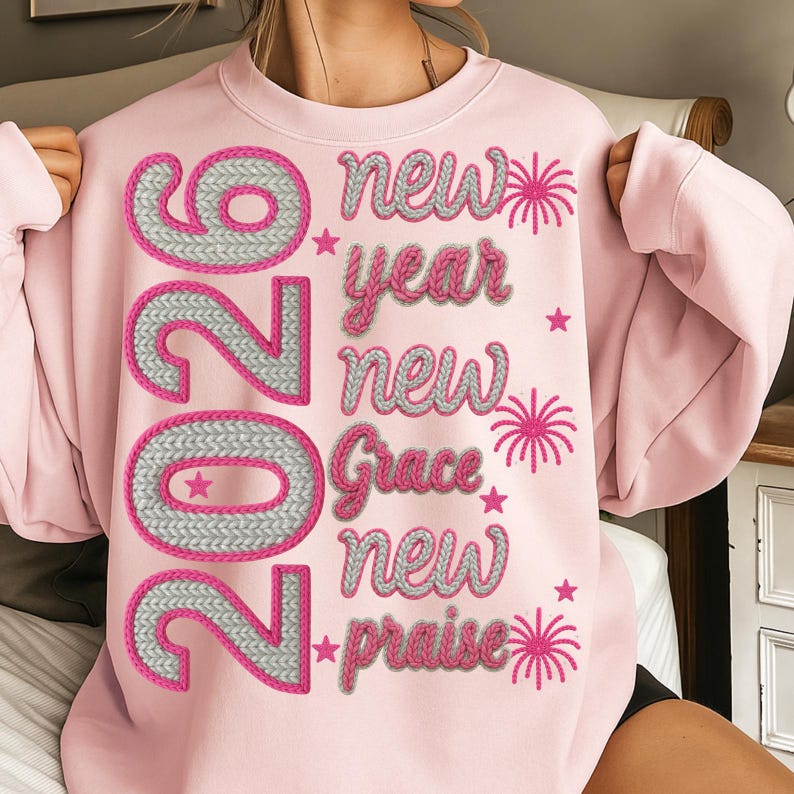 2026 New Year PNG | Knitted Yarn Embroidery Style | Pink Silver New Year Quote | Cozy Winter Sublimation Design | Digital Download image 5