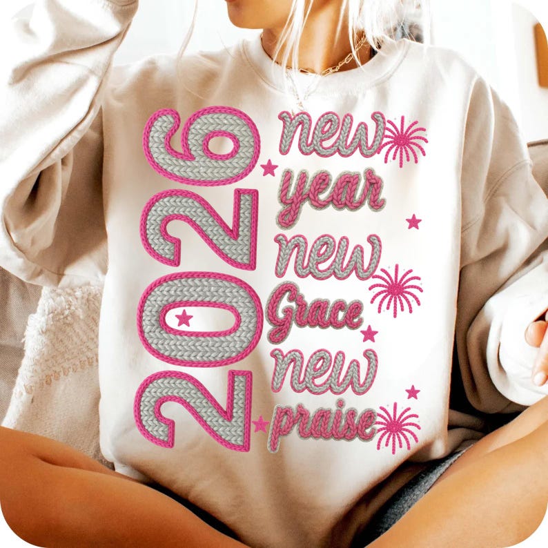 2026 New Year PNG | Knitted Yarn Embroidery Style | Pink Silver New Year Quote | Cozy Winter Sublimation Design | Digital Download image 3