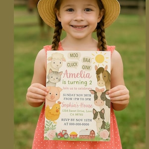 Girl Farm Birthday Invitation | Editable Pink Barnyard Party Invite | Floral Farm Animals Instant Download