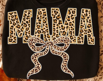 Leopard Print MAMA PNG, Leopard Bow png, Preppy Mama png, Coquette Leopard Print Sublimation, Faux Glitter Mom PNG, Digital Download