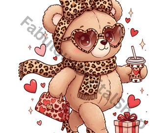 Boujee Teddy Bear PNG Leopard Print Bear Glam Fashion Bear Clipart Valentine’s Day PNG Cute Walking Teddy Digital Download