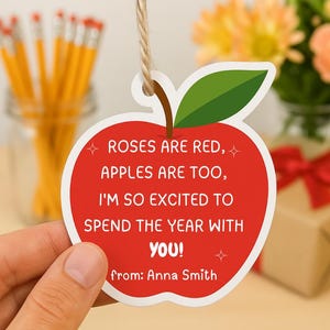 Bewerkbaar cadeaulabel voor terug naar school leraar | Bewerkbare Apple Tag | Roses are Red leraar Apple Tag afdrukbaar | First Day of School-kaart