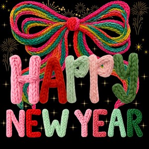 May include: A colourful New Year's graphic on a black background. The words "HAPPY" and "NEW YEAR" are spelled out in knitted letters. A rainbow-coloured knitted bow and fireworks complete the design.
