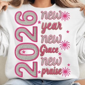 2026 New Year PNG | Knitted Yarn Embroidery Style | Pink Silver New Year Quote | Cozy Winter Sublimation Design | Digital Download image 4