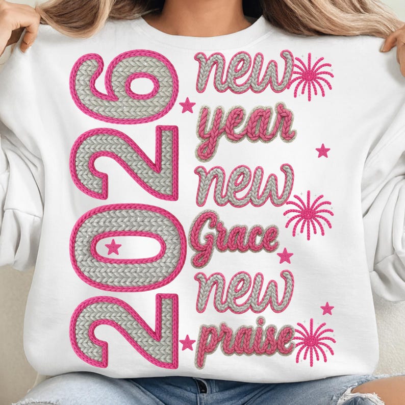 2026 New Year PNG | Knitted Yarn Embroidery Style | Pink Silver New Year Quote | Cozy Winter Sublimation Design | Digital Download image 4