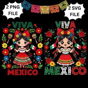 Pode incluir: Duas ilustrações digitais com uma menina mexicana em trajes tradicionais, segurando bandeiras. O texto "VIVA MEXICO" é exibido em cores vibrantes. Elementos florais e decorativos coloridos cercam as figuras, com as palavras "2 PNG FILE" e "2 SVG FILE" nos cantos.