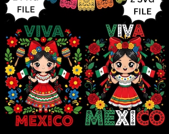 Viva Mexico SVG PNG Bündel | Mexikanischer Unabhängigkeitstag Mädchen Clipart | Chibi Doll Mexiko Folk Art Design | Cinco de Mayo Hemd Sublimation