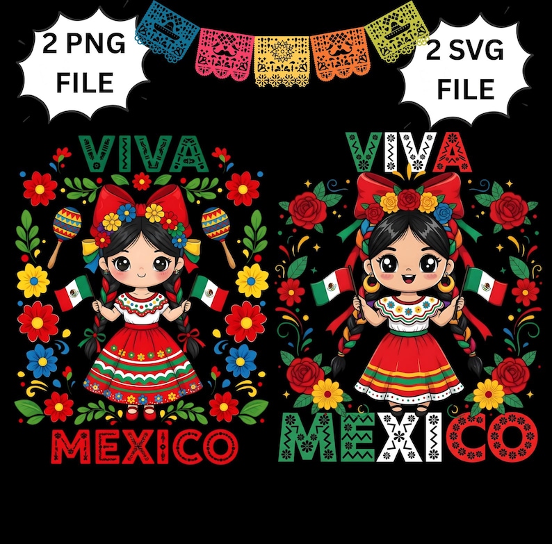 May include: Two digital illustrations featuring a Mexican girl in traditional attire, holding flags. The text "VIVA MEXICO" is displayed in vibrant colors. Colorful floral and decorative elements surround the figures, with the words "2 PNG FILE" and "2 SVG FILE" in the corners.