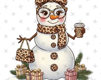 Chic Leopard Snowman PNG | Fashionable Christmas Snowwoman | Cute Winter Coffee Sublimation | Holiday Gifts PNG | Cozy Snow PNG