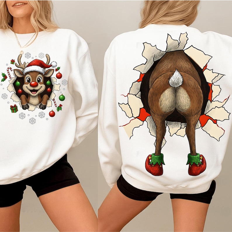 Pu&ograve; includere: Felpa bianca con un design a renna sulla parte anteriore e posteriore. La parte anteriore presenta una renna con un cappello da Babbo Natale, mentre la parte posteriore mostra il posteriore della renna con le scarpe da elfo. Divertente e festoso.