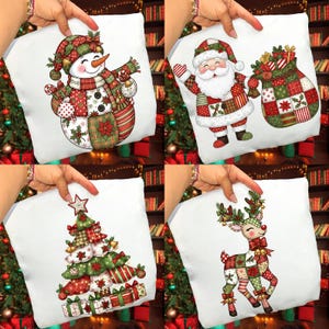 May include: Four white square throw pillows with Christmas-themed designs. One features a snowman, another Santa Claus with a gift bag, a third a Christmas tree, and the last a reindeer, all in patchwork patterns.