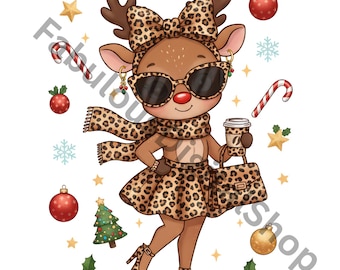 ブージー トナカイ PNG ヒョウ柄クリスマス PNG グラムクリスマストナカイガール昇華デザイン コーヒートナカイ PNG ファッションクリスマスデザイン