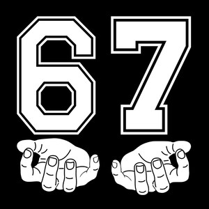 Peut inclure: Graphique noir avec les chiffres "67" en blanc, dans une police de style universitaire. En dessous, deux mains blanches, paumes vers le haut. L'image a un design simple et audacieux.