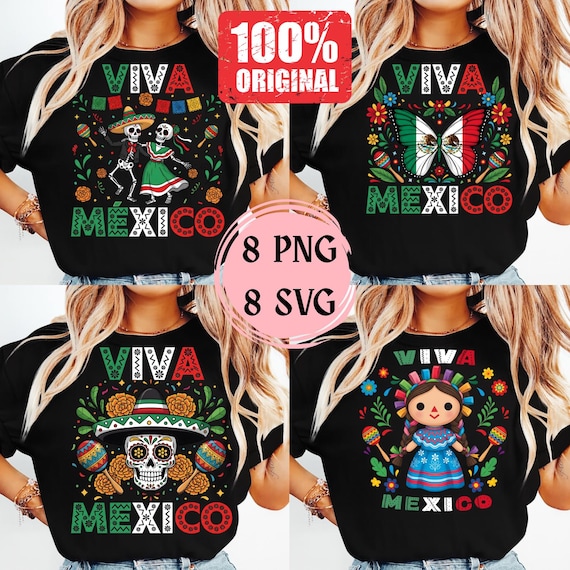 4 Viva Mexico Bundle PNG SVG | Mexican Doll, Butterfly, Messy Hair Girl, Cactus Sombrero, Skeletons, Kawaii, Dinosaur Designs, Mexican png