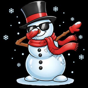 May include: A cartoon snowman wearing sunglasses, a black top hat with a red band, and a red scarf and mittens. The snowman is dabbing with a stick arm, with snowflakes on a black background.
