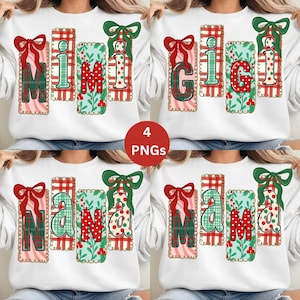 Puede incluir: Sudaderas blancas con las palabras "Mimi", "Gigi", "Nana" y "Mama". Cada palabra se muestra en una pancarta rectangular con diseños festivos rojos y verdes, lazos y lunares. La imagen incluye el texto "4 PNGs".