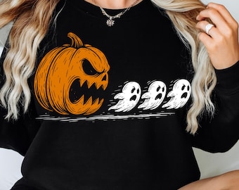 Funny Halloween Pumpkin Chasing Ghost PNG SVG: Spooky Season Design (Digital Download)