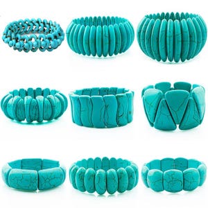 Puede incluir: Conjunto de diez pulseras de color azul turquesa, cada una con un diseño diferente. Las pulseras están hechas de piedras de turquesa natural y son perfectas para superponer o llevar individualmente.
