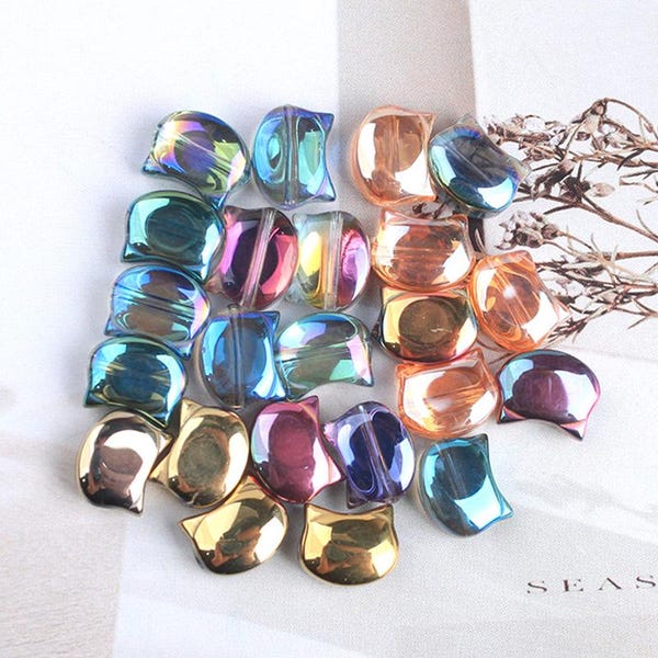 Cuentas de vidrio con forma de cabeza de gato chapadas / Elaboración de joyas DIY (8 x 10 mm)