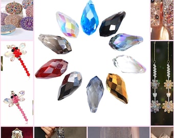 May include: Assortment of colourful crystal teardrop shaped pendants. The pendants are in various colours including red, blue, gold, clear, and black. The pendants are arranged in a circle on a white background.