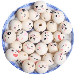 100 Pezzi Perline di Legno con Viso 20 mm Perline di Legno Teste di Legno con il Viso per i Vermi Preoccupazione Natura Sorriso Faccia Perline Artigianali Rotondo con Legno