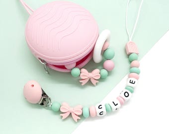 Personalisiertes Schnullerketten-Set mit Namen und Etui | Schnullerhalter-Set | Baby-Schnullerkette | Silikon-Schnullerkette