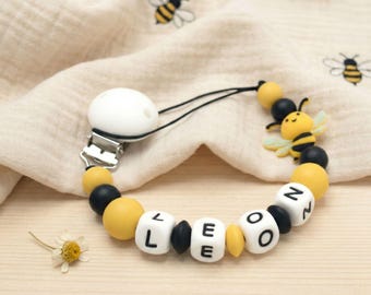 Schnullerkette mit Bienenmotiv | Personalisierte Schnullerkette aus Silikon und Holz mit Namen | Unisex-Schnullerkette | Baby-Schnullerkette mit Bienenmotiv