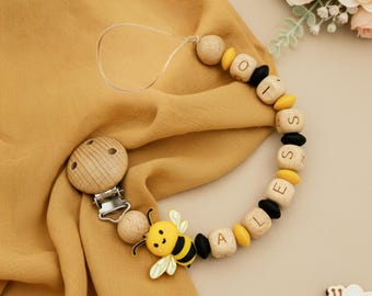 Catenella portaciuccio ape | Catenella ciuccio personalizzata con nome silicone o legno | Catenina porta ciuccio neutra | Neonato ape