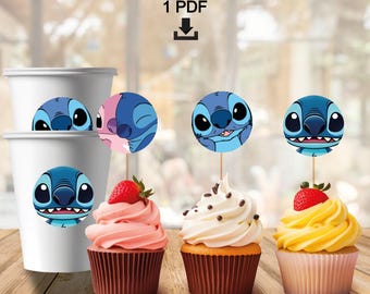 Stitch Cupcake Toppers - Stitch Stickers - Instant Download