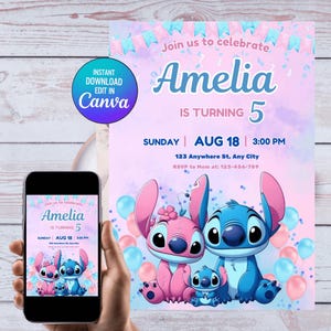 Stitch Girls Birthday Invitation | Editable Stitch Birthday Invitation Template  | Canva Instant Download