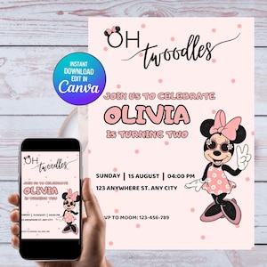 Oh TWOdles Minnie Mouse Birthday Invitation | 2nd Girl Birthday Invitation | Minnie Mouse Birthday Invitation |Thank You Card