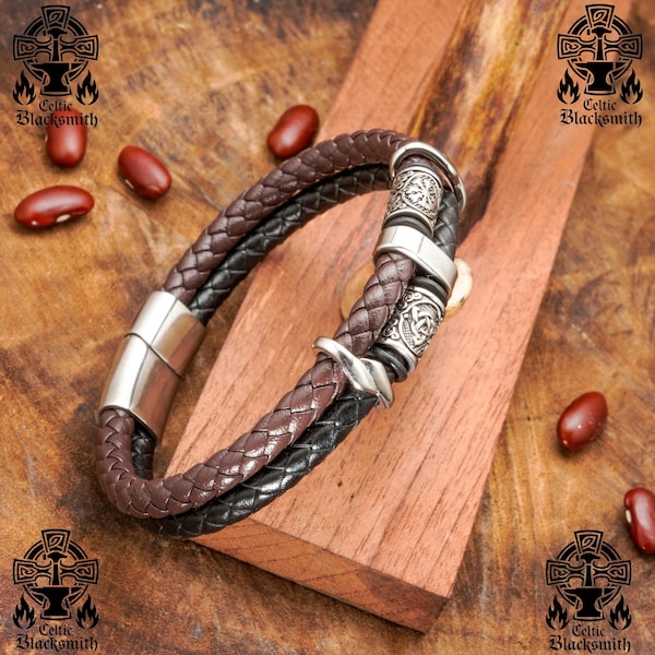 Dual Tone Charm Leather Braided Bracelet with 2 Straps & Magnetic Clasp - 4 Color Options, Celtic Viking Leather Bracelet with Steel Beads