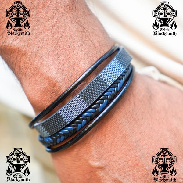 Pulsera minimalista de cuero trenzado de hierro azul hecha a mano para hombre, con rayas trenzadas multicapa y cierre magnético de aleación, estilo vikingo moderno.
