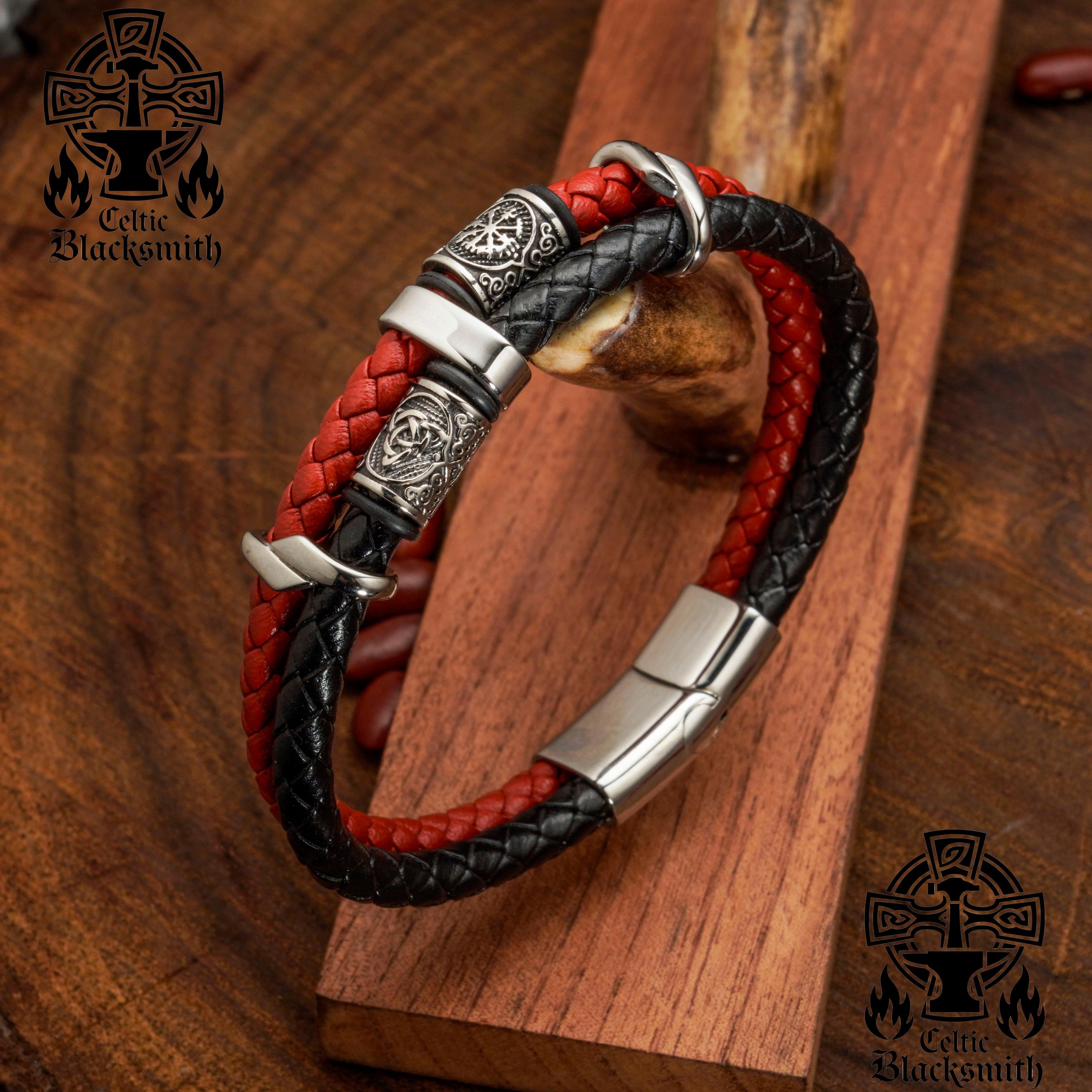 Twin Flame Red and Black Leather Braided Bracelet, Handmade Pure