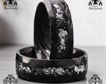 Midnight Frost Forged 8mm Black Damascus Steel Ring | Silver Foil Inlay | Oxidized Vintage Wedding Band for Men and Women, Anniversary Gift