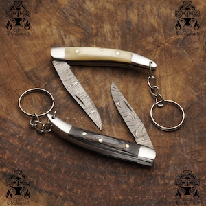 Faca de chaveiro dobrável de aço damasco feita à mão com cabo de madeira e osso, facas de aço damasco para abridor de cartas, utensílios de caça