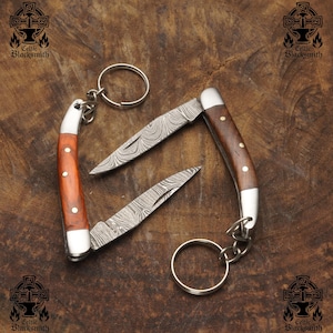 Faca de chaveiro dobrável de aço damasco feita à mão com cabo de madeira, facas de aço damasco para abridor de cartas, cortador de gadget de proteção
