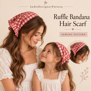 May include: A red and white gingham print ruffle bandana hair scarf sewing pattern. The text reads IndieDesignerPattern, Ruffle Bandana Hair Scarf, and SEWING PATTERN. The design features a ruffled edge and a classic checkered fabric pattern.
