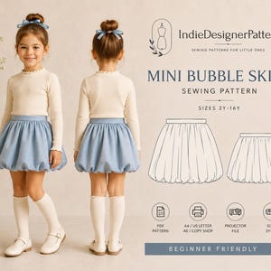 May include: A digital sewing pattern for a mini bubble skirt, featuring text IndieDesignerPattern, Mini Bubble Skirt, and sizes 2Y-16Y. The image displays a light blue bubble skirt on a child, with line art illustrations of the skirt design.