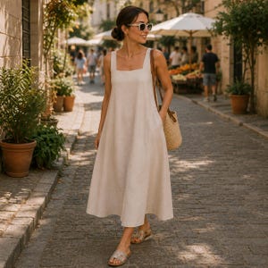 Pu&ograve; includere: Un abito beige senza maniche lungo fino alle caviglie con scollo quadrato e una silhouette rilassata e fluida. L'abito &egrave; abbinato a sandali bassi metallizzati e a una borsa a tracolla in paglia intrecciata dal design semplice.