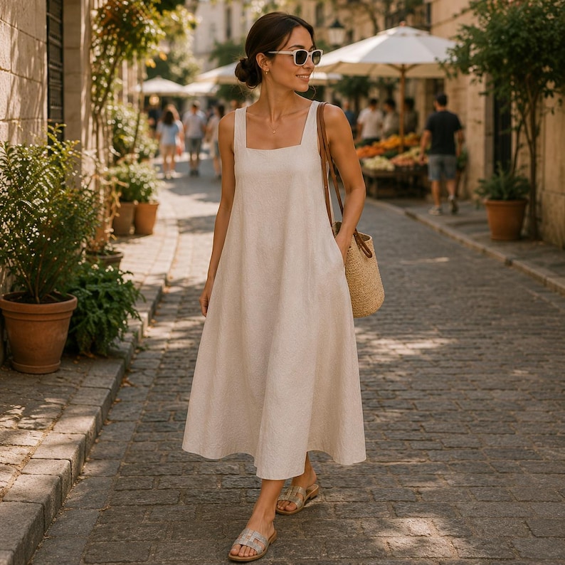 Pu&ograve; includere: Un abito beige senza maniche lungo fino alle caviglie con scollo quadrato e una silhouette rilassata e fluida. L'abito &egrave; abbinato a sandali bassi metallizzati e a una borsa a tracolla in paglia intrecciata dal design semplice.